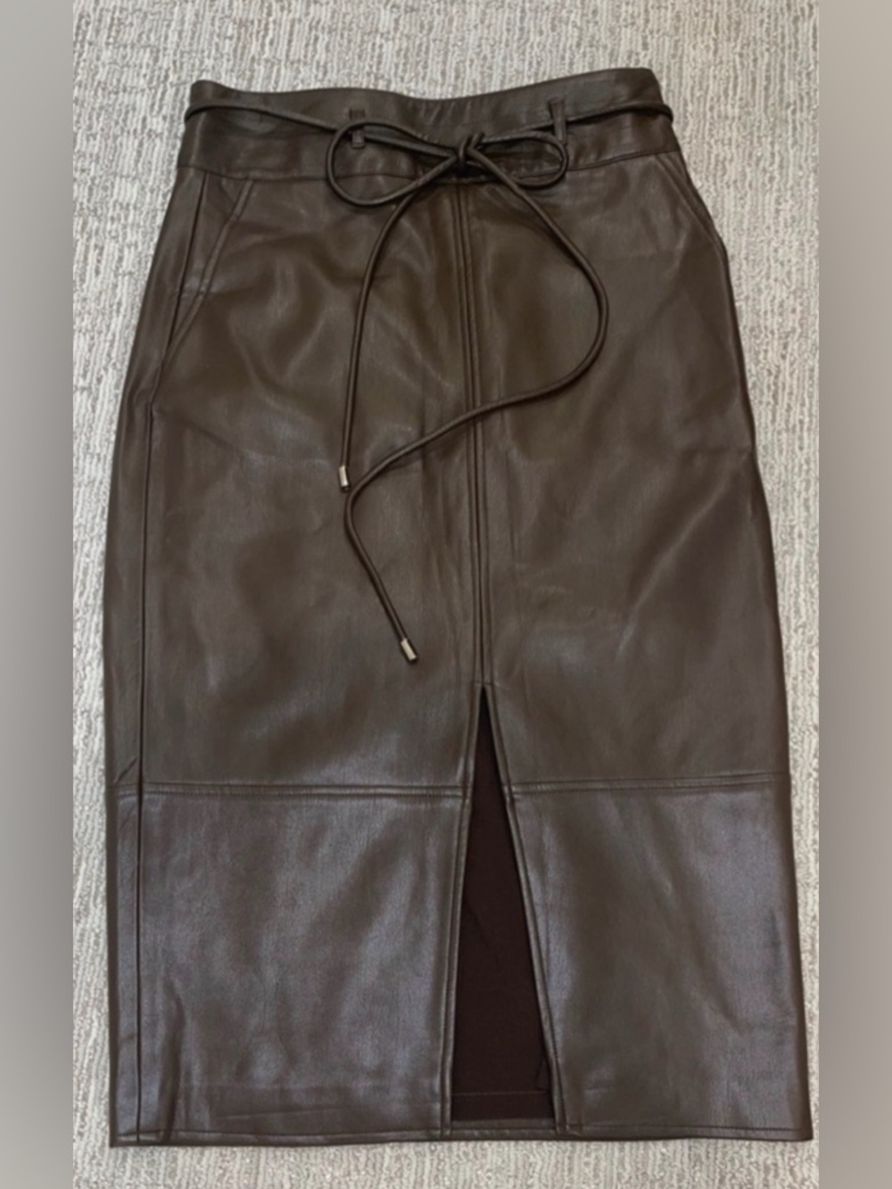 Elie Tahari Dark Brown Faux Leather Pencil Skirt with Front Slit